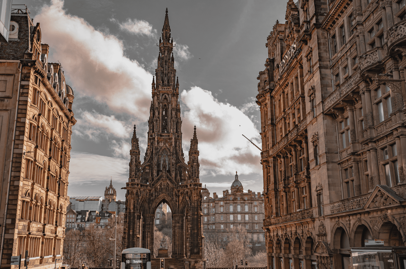 The Scott Monument Tower and statue of Sir Walter Scott, located on Prince's Street, Edinburgh.