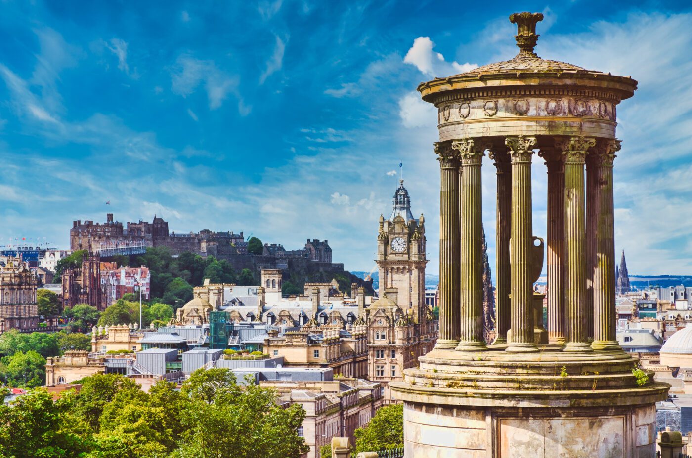 Views of the city from Calton Hill, featuring the Dugald Stewart Monument