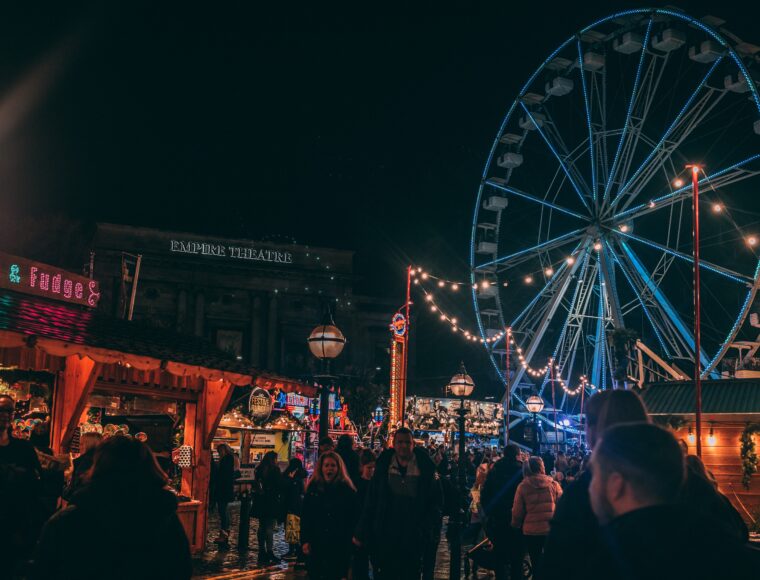 Liverpool Christmas Markets. This market features German Christmas Market food and a festive wheel.