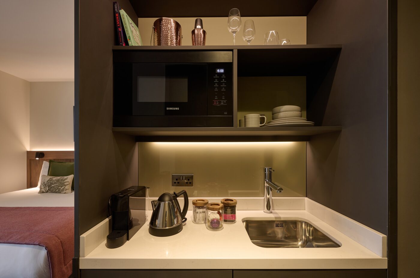 The Resident Edinburgh's mini-kitchen comprised of sink, mini-fridge, microwave and Nespresso Machine