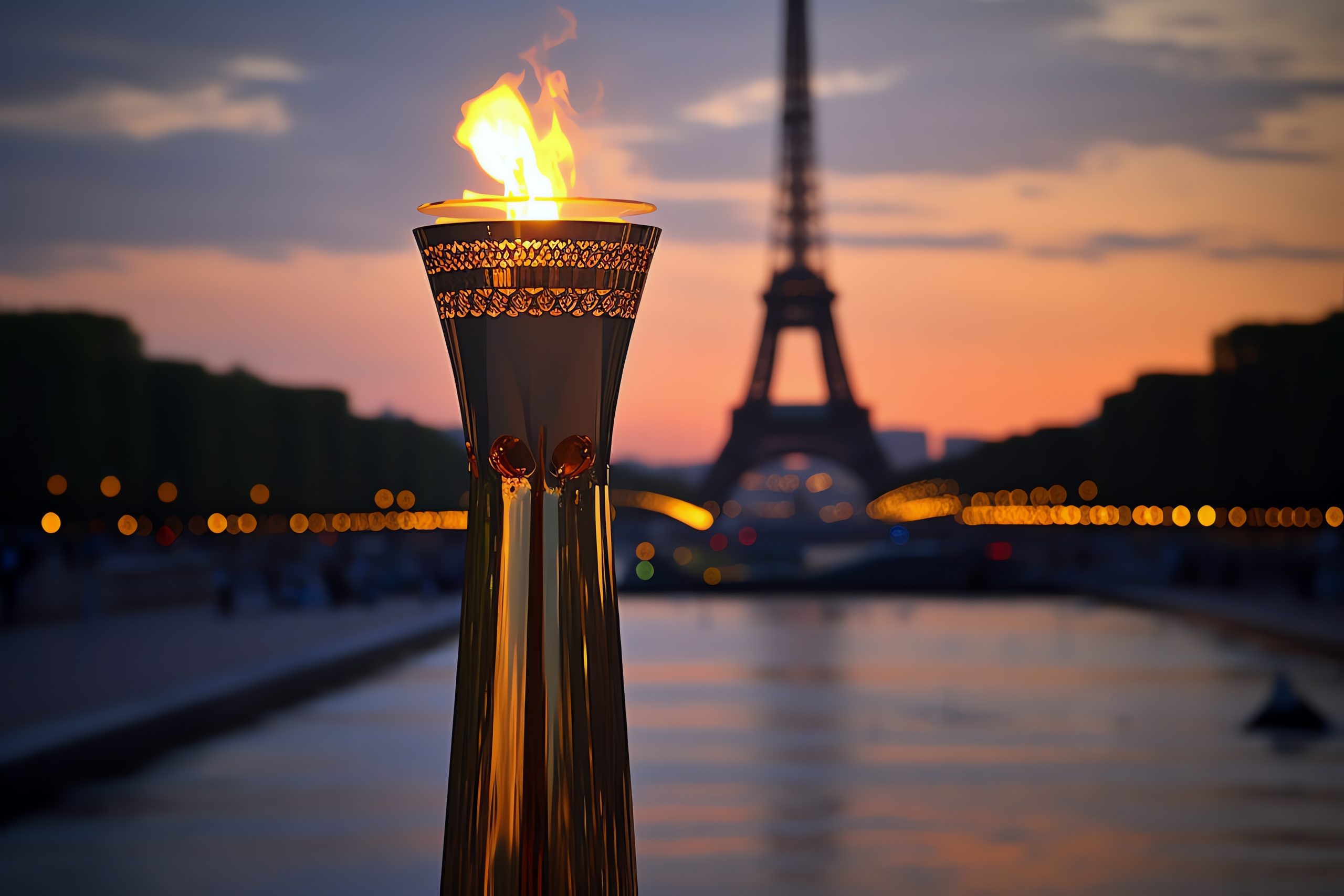 The flaming Olympic Torch in front of the Eiffel Towers ahead of the 2024 Paris Olympic Games
