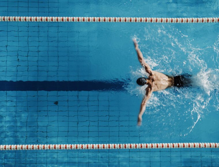 Aerial Top View Male Swimmer in the Paris Olympics Swimming Competition.