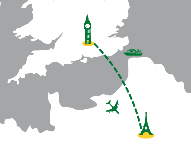 Map highlighting the short distance between London and Paris for the Olympics 2024.