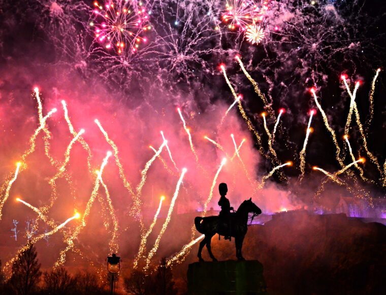 Hogmanay fireworks at Edinburgh castle during New Year in Edinburgh.