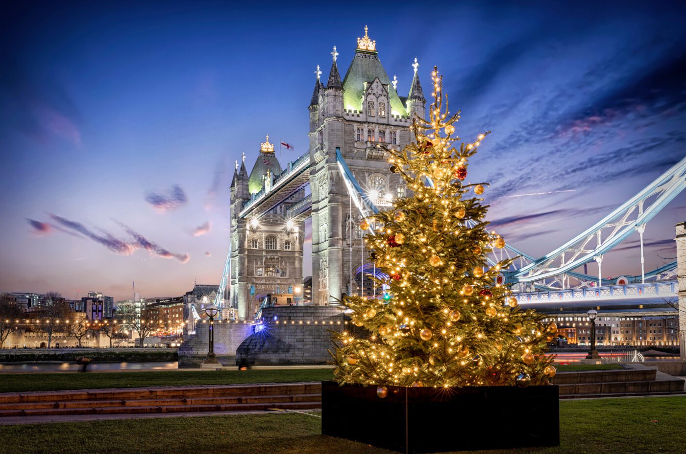 A festive Christmas Tree by London Bridge during a clear winter's night.