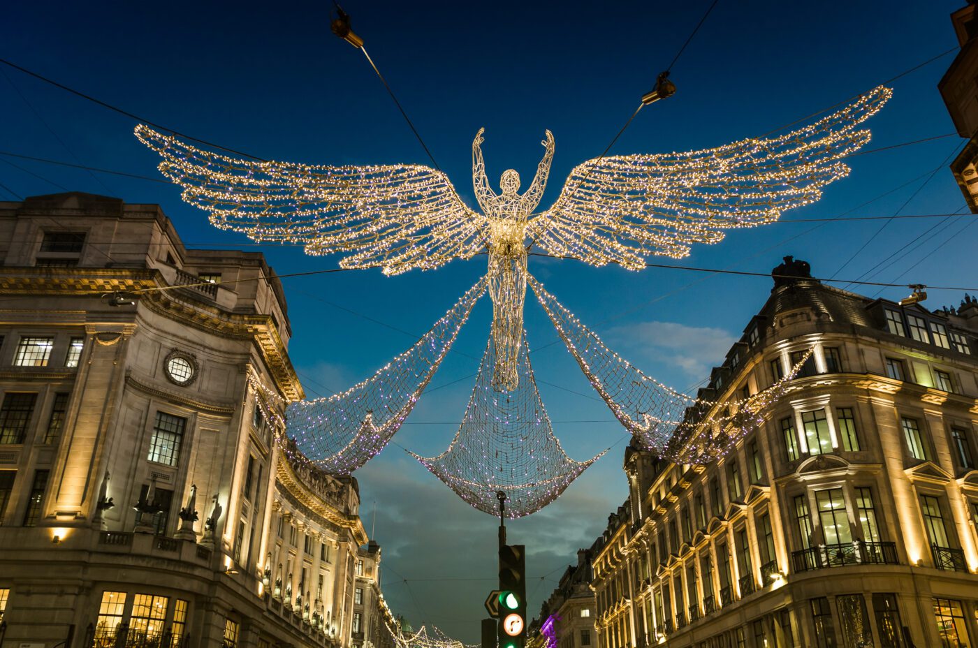 Christmas Angels Holiday lights on Regent Street in London during a clear winter's night