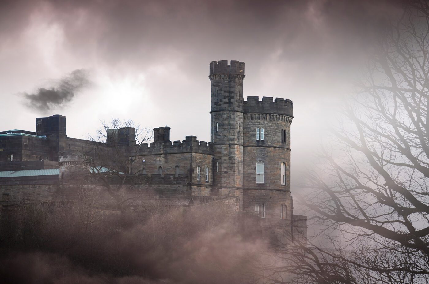 Lauriston Castle, home to the Edinburgh Horror Festival, surrounded by smoke and mist.