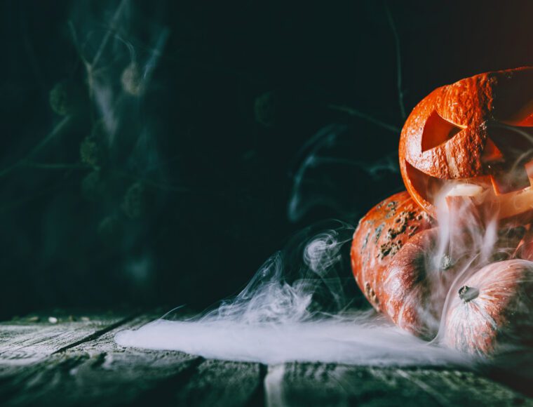 Pumpkins surrounded by smoke at the Farmaggedon Halloween celebration in Ormskrik.