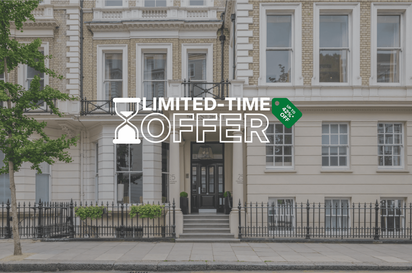 Street view of elegant multi-story townhouses with classic architecture. Overlaid text reads 