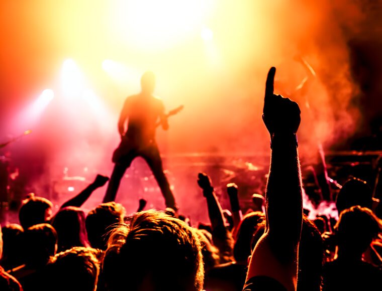 A silhouette of Bruce Springsteen performing amid vibrant lights and smoke during International Beatles Week. In the foreground, a cheering crowd raises their arms, with one hand prominently pointing upward. The scene captures the energetic atmosphere of this lively tribute concert.